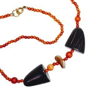 Vintage 1970s Boho Necklace Sponge Coral Beads Wood Tiger Eye Organic Pendant